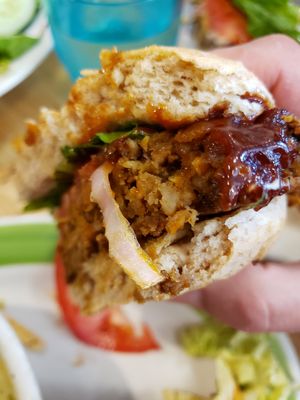 BBQ veggie burger homemade at Claire's Corner Copia in New Haven