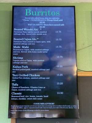Burrito menu  at Island Taco in Waimea