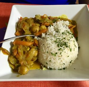 Tasty vegan curry chickpeas and rice at Gaia in Pilar De La Horadada