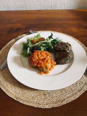 Lentil Meatballs with Potato and Avocado Salad at Quinua y Amaranto in Bogota