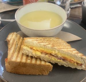 Sheese, tomato and red onion toastie and leek and potato soup   at The Puffer in Oban