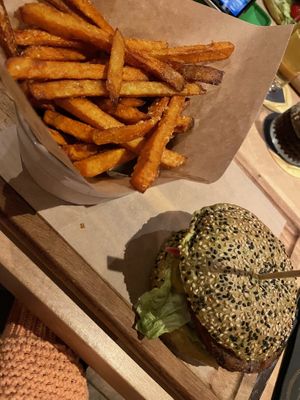 Dutch vegan weed burger with sweet potatoe fries at De Zeezot in Westkapelle
