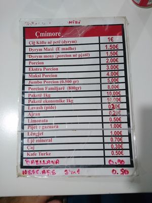 Menu at Cigköfte Evi in Prizren