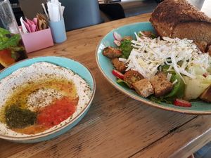Vegan labane, fatoush salad at Khudari in Tel Aviv