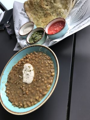 Lentil stew with Druze bread at Khudari in Tel Aviv