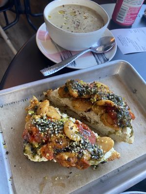 Yummy Mushroom soup and Tofu Riccotta with butter beans & tomato on toast    at Pulp in Asbury Park