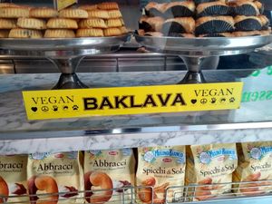 Vegan sign in-store at Rima's Patisserie & Bakery in North London