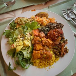 Falafel, vegan paneer, lentils, and many salads at Kasvisravintola Brindavan & Bhajan Cafe in Helsinki