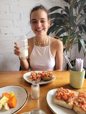happy vegan, limonada de coco is vegan too! at Cafe de la Mañana in Cartagena