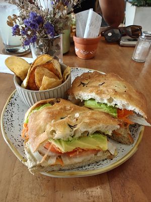 Veggie sandwich. Served with homemade potato crisps. at Cafe de la Mañana in Cartagena