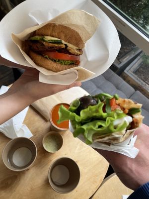 Burger, wrap, soup, sauce with pita  at Green 13 - Lvivska Square in Kyiv
