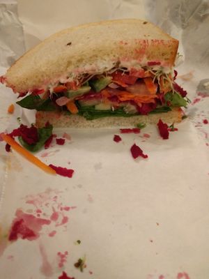Veggie sandwich with vegan mayo at Edge of the Woods Natural Market in New Haven