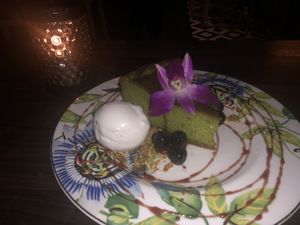 Vegan pistachio cheesecake with coconut sorbet at Aria Hotel - CATCH in Las Vegas