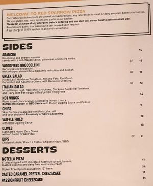 menu at Red Sparrow Pizza in Prahran