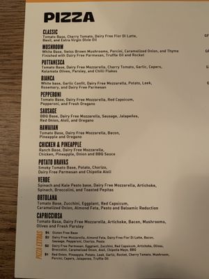 Pizza menu at Red Sparrow Pizza in Prahran