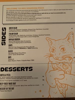 Sides and dessert menu at Red Sparrow Pizza in Prahran