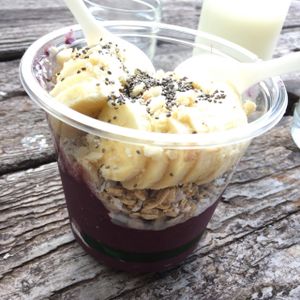 The not-so-simple acai bowl with added coconut, macadamia, and chia seeds at Russell's by Eat Healthy Kauai in Wailua
