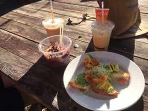 avocado toast, acai bowl, and two papaya smoothies at Russell's by Eat Healthy Kauai in Wailua