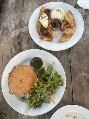 Tofu chermoula with samosas + bacon cheddar burger with green salad  at Russell's by Eat Healthy Kauai in Wailua