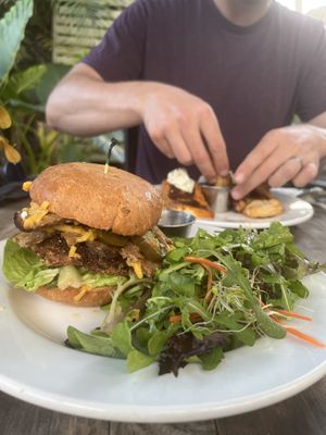 Bacon cheddar burger with tempeh bacon  at Russell's by Eat Healthy Kauai in Wailua