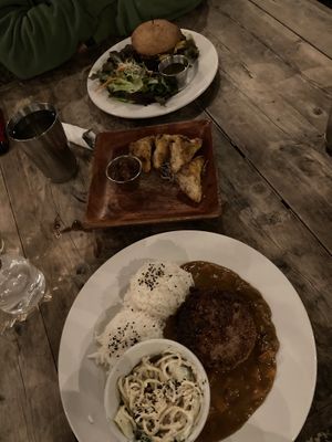 Ranch bacon burger, Samosas and Hamburger curry  at Russell's by Eat Healthy Kauai in Wailua