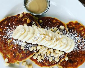 Banana macadamia nut pancakes at Russell's by Eat Healthy Kauai in Wailua