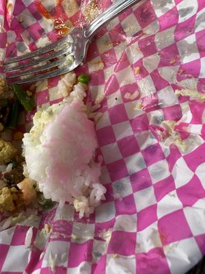 Pink ink transferred to rice  at Russell's by Eat Healthy Kauai in Wailua