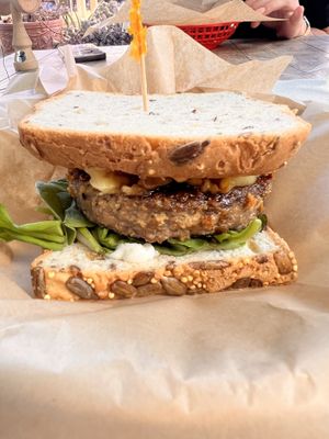 Gluten free teriyaki pineapple burger  at Russell's by Eat Healthy Kauai in Wailua