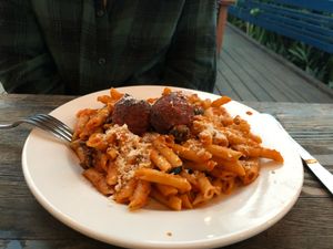 Veggie pasta with tempeh neat balls at Russell's by Eat Healthy Kauai in Wailua
