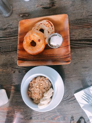 aloha oats and sundried tomato bagel w/ cream cheese at Russell's by Eat Healthy Kauai in Wailua