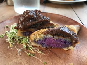 Purple potato samosa with banana chutney at Russell's by Eat Healthy Kauai in Wailua