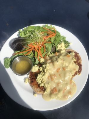 Tex Mex Breakfast (Benedict with side of greens)  at Russell's by Eat Healthy Kauai in Wailua