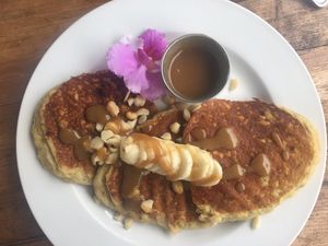 Gluten free banana mac nut pancakes at Russell's by Eat Healthy Kauai in Wailua