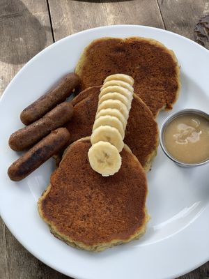 Banana pancakes & apple sausage  at Russell's by Eat Healthy Kauai in Wailua