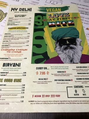 Vegan menu  at My Delhi Indian Street Food in Newcastle Upon Tyne