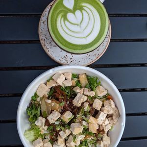 Soy matcha latte and Joe's bowl w tofu at Namu in Durham