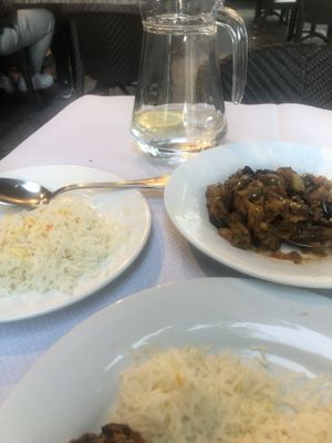 Aubergine curry and pilau rice  at Noori's in Nice