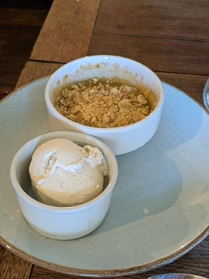 Apple and elderflower crumble (crumble filling changes regularly depending on what's in season) at The Jackdaw in Denton