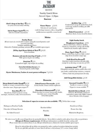 Sunday lunch menu at The Jackdaw in Denton