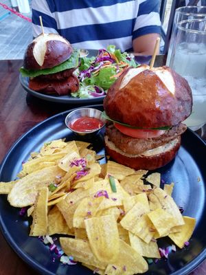 Champion burger with fried plantains and Beyond Burger at Moonrise Comida Vegana in Guatemala City
