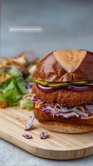 This is the "NoPollo Búfalo Burger" NoPollo stands for Not Chicken. Try it with bbq or chipotle sauce too.  at Moonrise Comida Vegana in Guatemala City