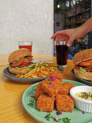 Tofu nuggets and seitan burger. at Moonrise Comida Vegana in Guatemala City