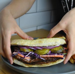 MoonRib 
Seitan with bbq, coleslaw, pickles, onion. 
This was a special item on the menu. at Moonrise Comida Vegana in Guatemala City