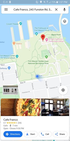 Parking lot in Blue, Cafe Franco in Red. 7min walk at Cafe Franco in San Francisco