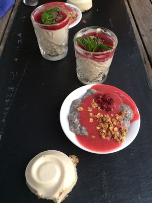 Dessert: cheesecake, chiapudding and white chocolate mousse at De Levensboom in Hasselt