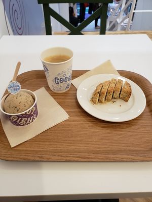 Coffee toffee ice cream, coffee, and tea scone at Coconut Glen's in Tokyo