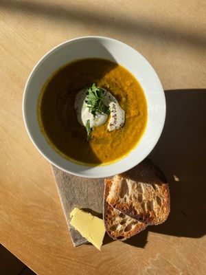 Spiced carrot and coriander soup (vegan, GF) at CAST Café in Helston