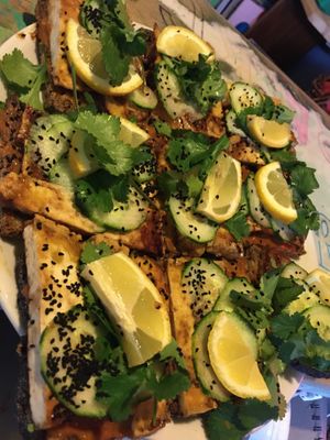 Vegan Tofu Smørrebrød with roasted peanut-ginger-apple-butter at Soundtrack Cafe in Copenhagen