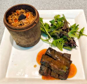 Blue flower tofu with black truffle wild rice at elemen 元素 - Paya Lebar Quarter in Central Singapore