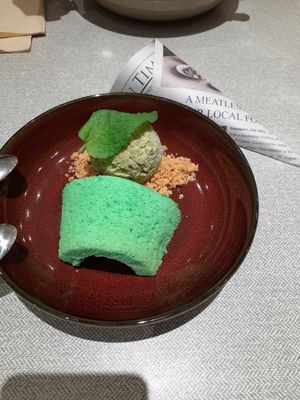 Pandan cake with ice cream at elemen 元素 - Paya Lebar Quarter in Central Singapore
